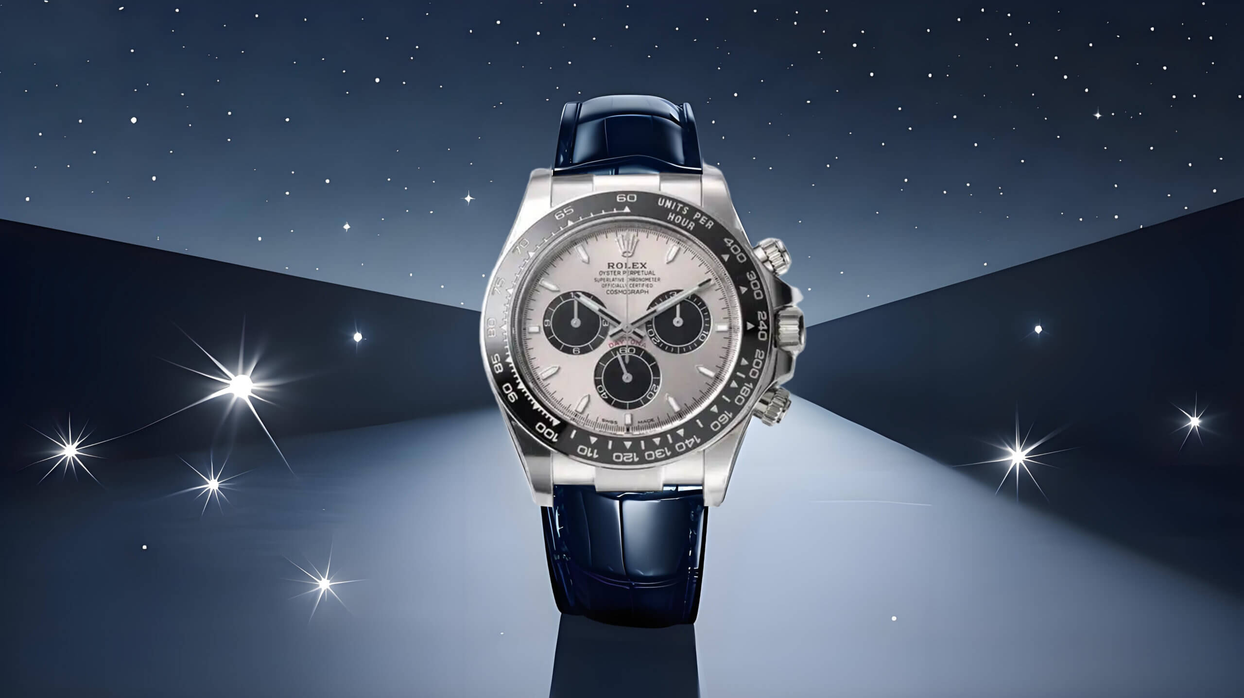 Replica watch detail on a midnight-blue background